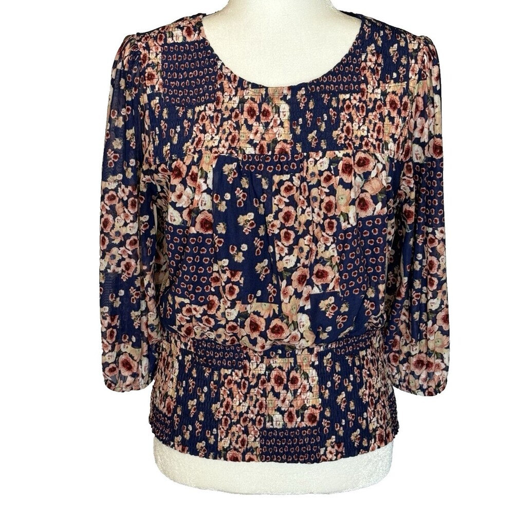 Ember Women's Large Navy Blue Floral Patchwork 3/4 Sleeve Top Smocked Hem Line